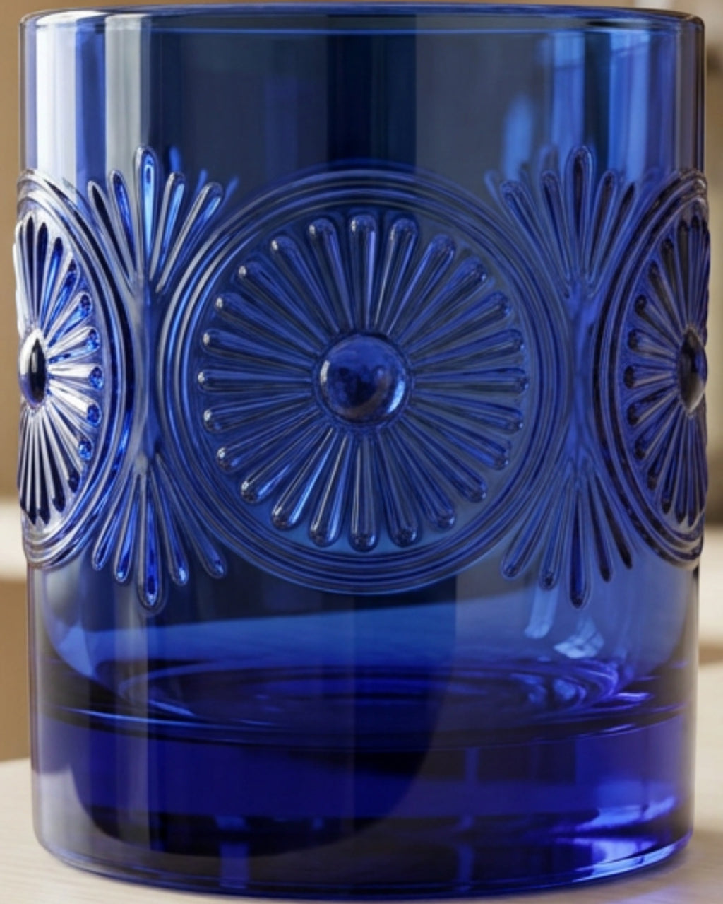 Ybdfm Sunburst Medallion Lowball Glass 10 oz Cobalt - Lifestyle view
